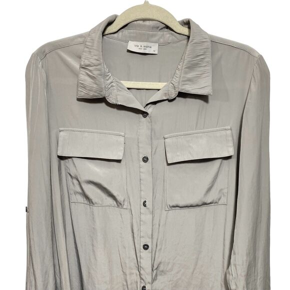 Lola & Sophie Women's Sz M Long Sleeve Button Up Shirt Top Blouse Hi Low Tunic - Picture 2 of 6